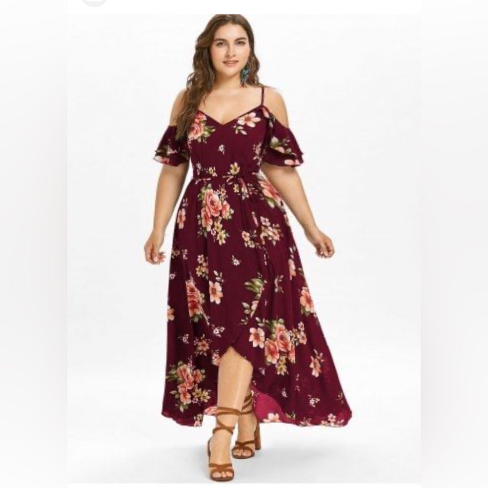 Elegant Burgundy Floral High Low Dress